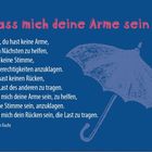 „Lass mich deine Arme sein“ in rosa Schrift. Der Text darunter ist ein Gedicht. Rechts ein blauer Schirm als Illustration.