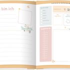 Links: "Das bin ich", Felder für Name, Geburtstag, Adresse. 

Rechts: "So alt bin ich" mit Zahlen 1-6, "So groß bin ich", Illustrationen von einem Flugzeug und Auto.