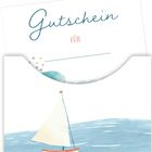 Text: "Gutschein für". Illustration: Segelboot auf blauem Wasser, bunte Herzen im Hintergrund.