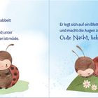 Links: Text über einen Marienkäfer auf einer Wiese. Rechts: Marienkäfer schläft auf Blatt, drei gelbe Sterne. Illustration.