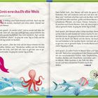 „Gott erschafft die Welt“, Genesis 1,1–2,4a. Eine bunte Illustration mit Ozean, Fischen, Tintenfisch und Bäumen.