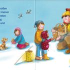 Wir ziehen durch die Straßen und singen "Ich geh mit meiner Laterne". Kinder sind mit Laternen und Gebäck bei einem Mann.