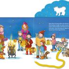 Nach dem Umzug treffen sich alle am Martinsfeuer. Es gibt für jeden etwas zu essen und zu trinken. Illustration von Kindern mit Laternen um ein Feuer. Ein Hund und eine Katze sind dabei.
