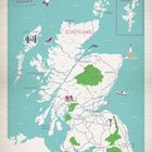 Text: "Glückskarte" und "SCHOTTLAND". Eine illustrierte Karte von Schottland mit Tieren und Sehenswürdigkeiten.
