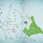 "Glückskarte" oben links; Karte der Oberpfalz mit Städtenamen, Bäumen, Zahlen und einem grünen Bereich "Oberer Bayerischer Wald".