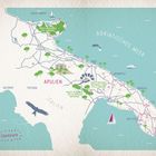 Adriatisches Meer, Apulien, Italien, Isola Tremiti. Glückskarte mit stilisierten Landkarten und Naturikonen.