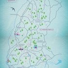 „Glückskarte“, „SCHWARZWALD“, „FRANKREICH“, „DEUTSCHLAND“. Illustration einer Karte mit Symbolen und Ortsnamen.