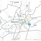 Karte von Frankfurt mit bunten Symbolen und Nummern, die Freizeitaktivitäten markieren. Straßen und Orte sind beschriftet.