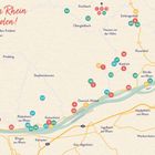 "Am Rhein erholen! Wiesbaden findest du hinten." Eine Karte zeigt Orte entlang des Rheins mit nummerierten Punkten.