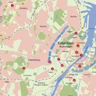Karte von Kopenhagen mit Stadtteilen wie Frederiksberg, Nørrebro, Østerbro. Nummerierte Markierungen weisen auf Orte hin.