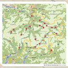 Karte der Schweiz und Umgebung. Orte: Zürichsee, Flims, Vals, Klosters-Serneus, Davos, Scuol. Umrisslinien markiert.