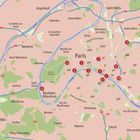 Landkarte von Paris mit nummerierten Punkten. Wichtige Bezirke und Stadtteile wie Neuilly-sur-Seine, Saint-Denis markiert.