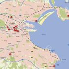 Karte von Dublin mit folgenden Texten: Dublin, Temple Bar, North Bull Island, Howth, Clontarf, Muir Éireann, Killiney Bay.