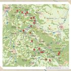 Landkarte mit Städtenamen: Kassel, Erfurt, Fulda. Mit Straßen, Flüssen und nummerierten Markierungen in einer grünen Landschaft.
