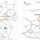 Links: Stuttgart im Zentrum einer Landkarte mit Symbolen und Orten, z.B. Karlsruhe, Aalen. Rechts: Stadtkarte von Stuttgart.