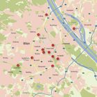 Wien Karte mit Bezirken und nummerierten Markierungen; zeigt Lage von Orten wie Schönbrunn (8) und Donauinsel (12).