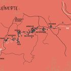 "Weinorte Karte" zeigt handgezeichnete Orte entlang der Ahr in einer künstlerischen Darstellung auf rotem Hintergrund.