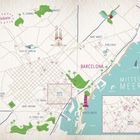 Handgezeichnete Karte von Barcelona; zeigt Bezirke, Sehenswürdigkeiten, das Mittelmeer, Palmen und ein Papageien-Illustration.