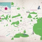 Karte von Edinburgh mit "Glückskarte" und Stadtteilen wie "New Town" und "Old Town". Grünflächen, Menschen und Symbole.