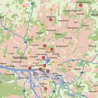 Karte von Hamburg mit markierten Orten: Langenhorn, Altona, Winterhude, HafenCity, Rotherbaum, Blankenese, Bergedorf.