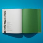 Text auf einer weißen Seite, linke Seite: Druckinformationen. Rechts davon eine einfache grüne Seite. Hintergrund blau.