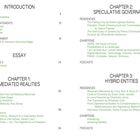 Inhaltsverzeichnis mit Themen zu "Mediated Realities", "Speculative Governance", "Hybrid Entities". Texte zu Essays, Ausstellungen, Podcasts.