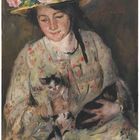 Signatur: „S. Louis Ronion“. Eine Frau mit Hut hält zwei Katzen in einem Gemälde.