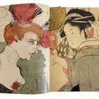 Links Illustration einer Frau mit rotem Haar und Federhut, rechts eine Frau in traditionellem japanischem Gewand.