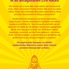 „Die zeitlose Weisheit Buddhas in 50 alltagsnahen Life Hacks“. Gelber Hintergrund, Illustration von Buddha.