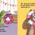 "Ding dong! Es ist das Krokodil: Glückwunsch, Bär!" Ein illustriertes Krokodil überreicht einen Rettungsreifen an einen Bären.