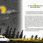Es war eine dunkle und stürmische Nacht. Illustration von Regen, Mond und Auto im Wald.