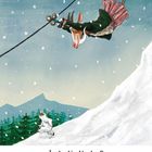 Januar-Kalenderseite. Ziege in bunter Kleidung fährt Seilbahn, Yeti rennt unten, verschneite Landschaft im Hintergrund.