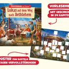 "Adventskalender mit Poster. Lukas auf dem Weg nach Bethlehem. Vorleseheft. Poster zum Basteln. Stall-Szene mit Tieren."