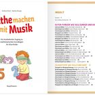 „Mathe machen mit Musik“, Inhaltsverzeichnis, Kapitel „Guten Morgen! Wie viele Kinder sind da?“ und „Musikstopp! Wie viele sind wir?“. Illustration: Kind mit Augenbinde spielt mit Zahlen.