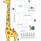 „So sehe ich aus“, „Ein Passfoto von mir“, „Meine Augenfarbe“, „Mein Fingerabdruck“, „Meine Haarfarbe“. Illustration mit Giraffendekor.