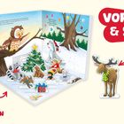 **VORLESEN & SPIELEN**: Eine Szene mit Tieren im Schnee, Weihnachtsbaum und Spielfiguren zum Stecken.