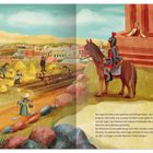 Text über Kaiser Augustus in Rom, Soldaten, Beamte, Aufseher und die Hoffnung auf einen Retter. Illustration einer ländlichen Szene mit Bauern und einem römischen Soldaten auf einem Pferd, im Hintergrund eine Stadt und ein Tempel.