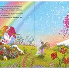 Ein Einhorn mit Regenbogenmähne sitzt auf einer Wiese. Eine Fee hält Blumen. Es schneit unter einem rosa Baum.
