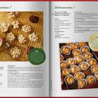 Links: "Mini-Florentiner", Rezepte und Zubereitung. Bild: Kekse auf Gitter. Rechts: "Bethmännchen", Rezept und Bild: Kekse in Papierförmchen.