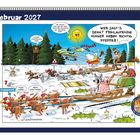 Februar 2027 Kalenderblatt. Cartoon zeigt Witz über Schlittenrennen mit Hühnern. Text: "Wer sagt's denn? Freilaufende Hühner haben richtig Pfeffer!"