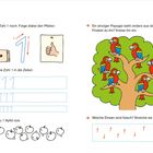 Die Zahl 1: Spuren, schreiben, Apfel malen. Papagei suchen im Baum, falsche Einsen streichen.