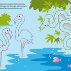 Text: "Die Schlange beobachtet neugierig die leuchtenden, rosafarbenen Flamingos." Illustration mit Flamingos und Schlange.