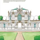 „Dresdner Zwinger. Dresden in Sachsen, 1709 bis 1728 als Orangerie erbaut.“ Illustration eines barocken Gebäudes mit Gärten.