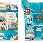 Texte: Dialog über Tauchausrüstung, Helmprobleme und Panik. 
Illustration: Taucher unter Wasser, Ausrüstung, Helme, Fische.