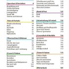 Inhaltsverzeichnis: Themen wie Sprechen, Reisen, Wohnen, Essen, Shopping, Gesundheit, Daten, Wörterbuch. Seitenzahlen genannt.