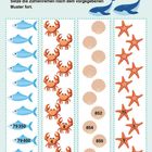 "Zahlenreihen fortsetzen" mit Logo oben. Fische, Krebse, Muscheln und Seesterne mit Zahlen zum Fortsetzen von Reihen.