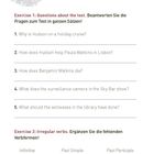 "Final Test" Überschrift. Übungen zu Fragen und unregelmäßigen Verben. Fünf Fragen, Lücken für Antworten, Fingerabdruckmuster.