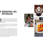 "Die Bedeutung des Geschmacks" als Überschrift. Bilder: Eine Kellnerin bei Tisch, Sektflaschen mit Gläsern, Graffiti "JE T'AIME".