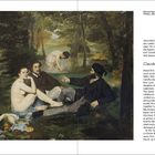 Text: "Claude and Camille. Monet first exhibited at the Paris Salon in 1865." 
Illustration: Menschen picknicken und eine Frau im Wasser in einem Wald.