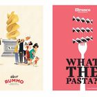 Linke Seite: "N. 155" und "RUMMO". Illustration von einer Pastaskulptur und Leuten.

Rechte Seite: "WHAT THE PASTA?!". Grafik mit Gabel und Nudeln.